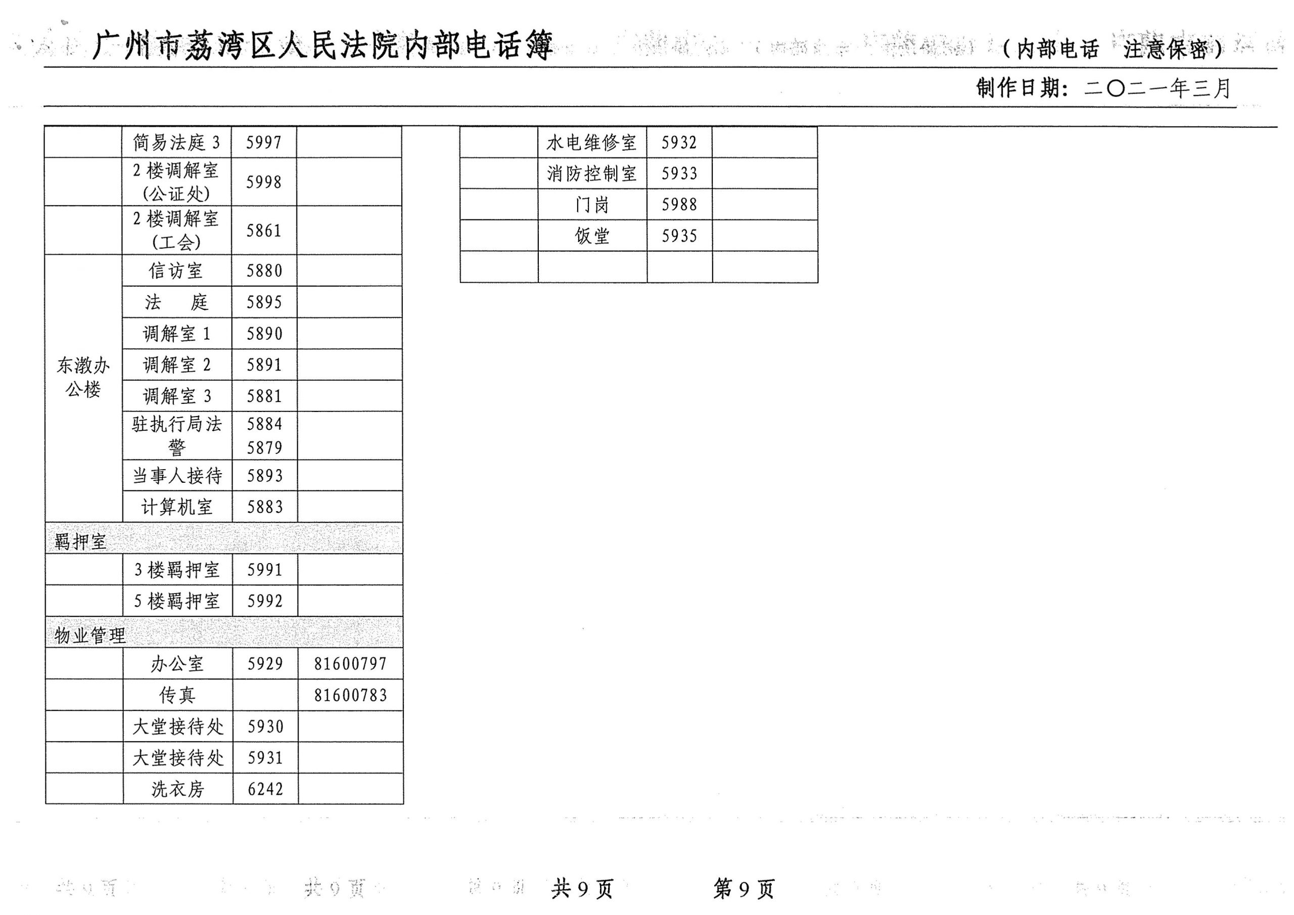 广州市荔湾区人民法院通讯录（2021.03）